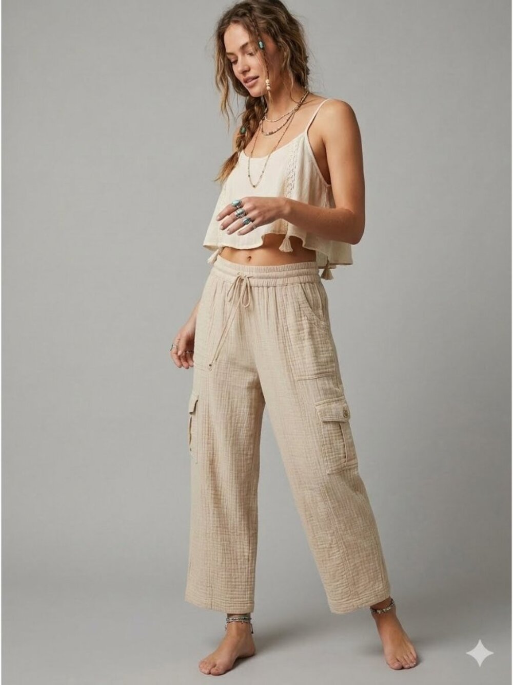 Super Star Pants Size L Beige Cotton Cargo Gauzy Boho Pants Relaxed Fit Cropped - Picture 6 of 8